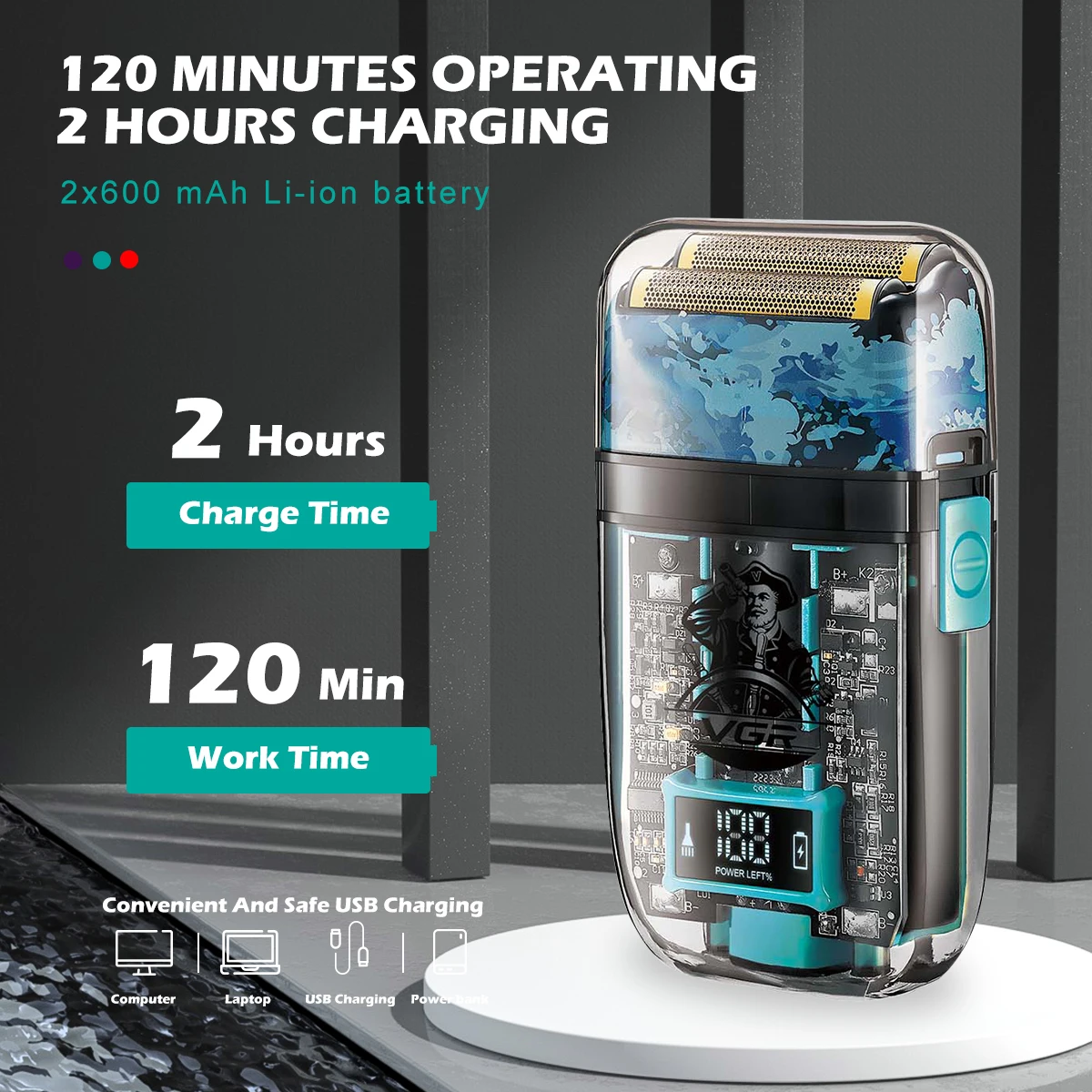 Rasoir Électrique VGR V-352 Double Lame – Étanche, Rechargeable USB, 120 min d'autonomie