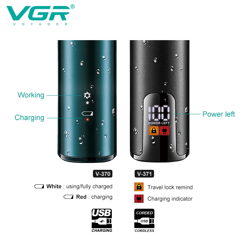 VGR V-370/371 Rasoir Électrique Triple Lames Étanche IPX5 Rechargeable USB – Hommes