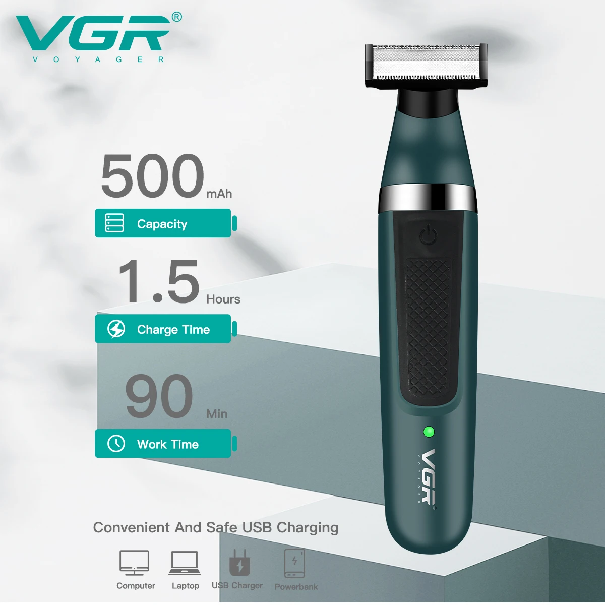 VGR V-393 Rasoir Électrique Rechargeable Double Lame Étanche – 90 min d'Autonomie