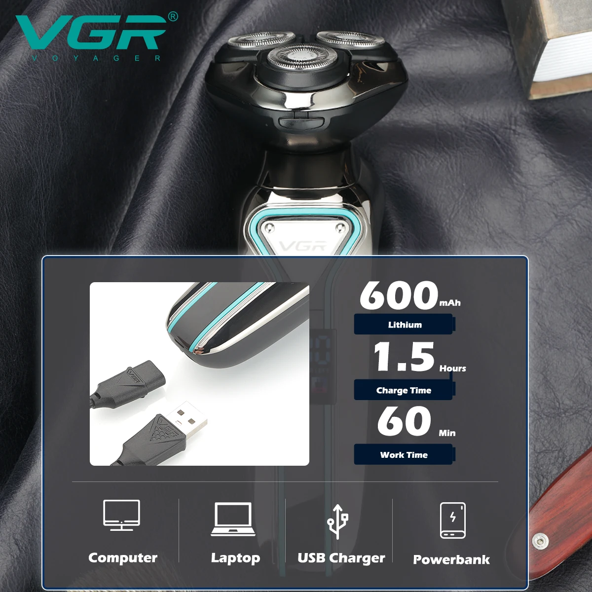 Rasoir Électrique VGR V-323 3D Flottant Rechargeable USB – Étanche & Professionnel