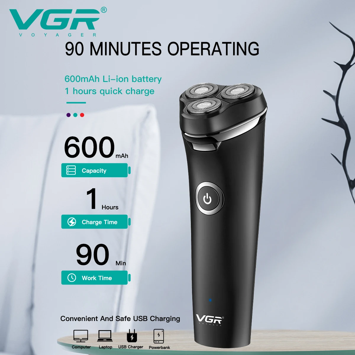Rasoir Électrique VGR V-319 | Triple Lame 3D | Rechargeable USB | Étanche 90min