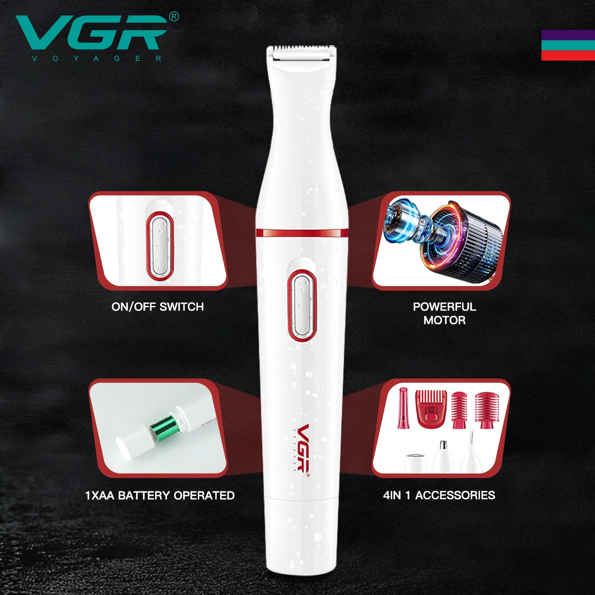 VGR V-725 Épilateur 4 en 1 Rechargeable Étanche – Tondeuse Sourcils, Nez & Corps pour Femme