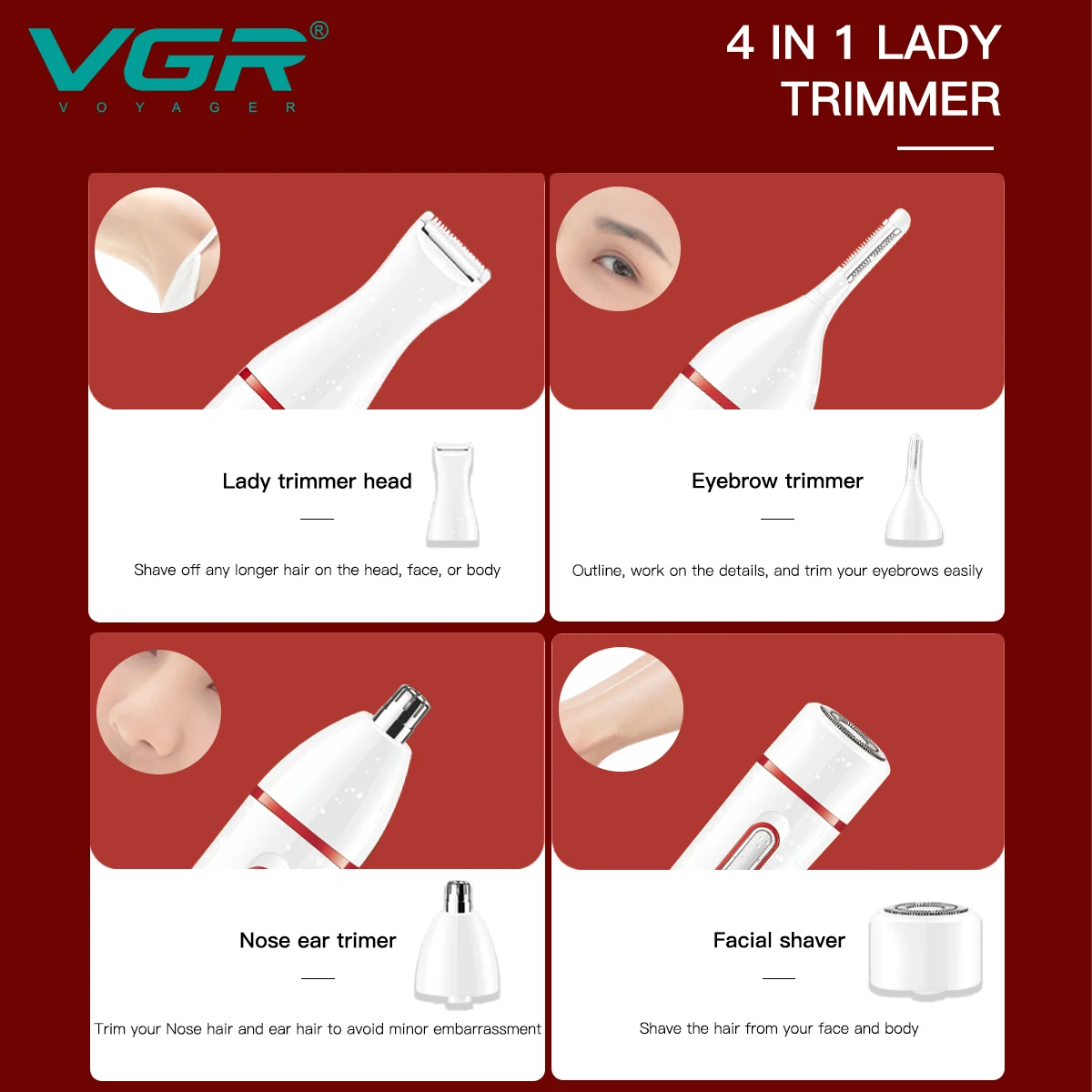 VGR V-725 Épilateur 4 en 1 Rechargeable Étanche – Tondeuse Sourcils, Nez & Corps pour Femme