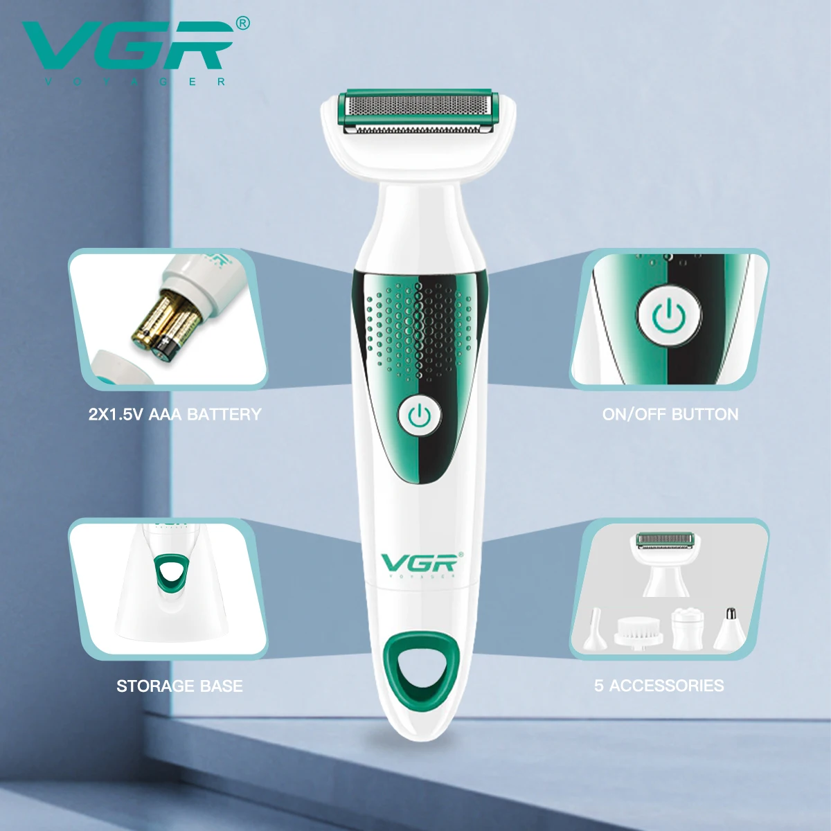 VGR V-720 Épilateur Rasoir Multifonction 5en1 Électrique Étanche pour Femme