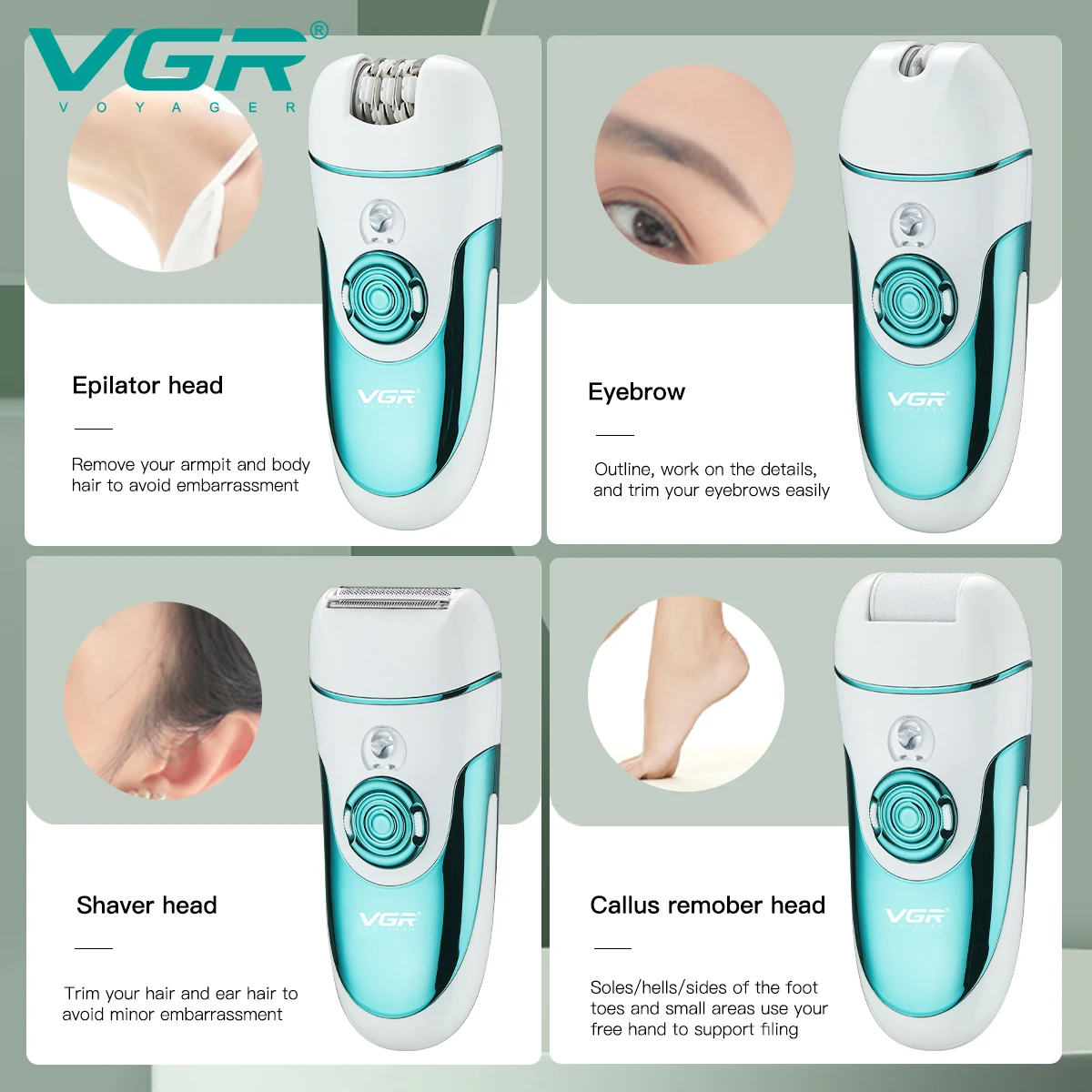 VGR V-700 Épilateur Électrique 4en1 Rechargeable – Rasoir & Tondeuse Corps Femme