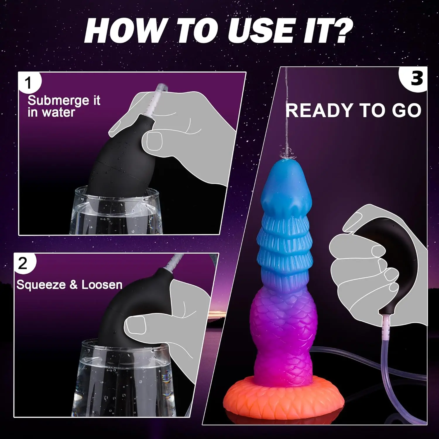 Gode Dragon Monstre Lumineux en Silicone avec Spray d'Eau – Ventouse – 21cm