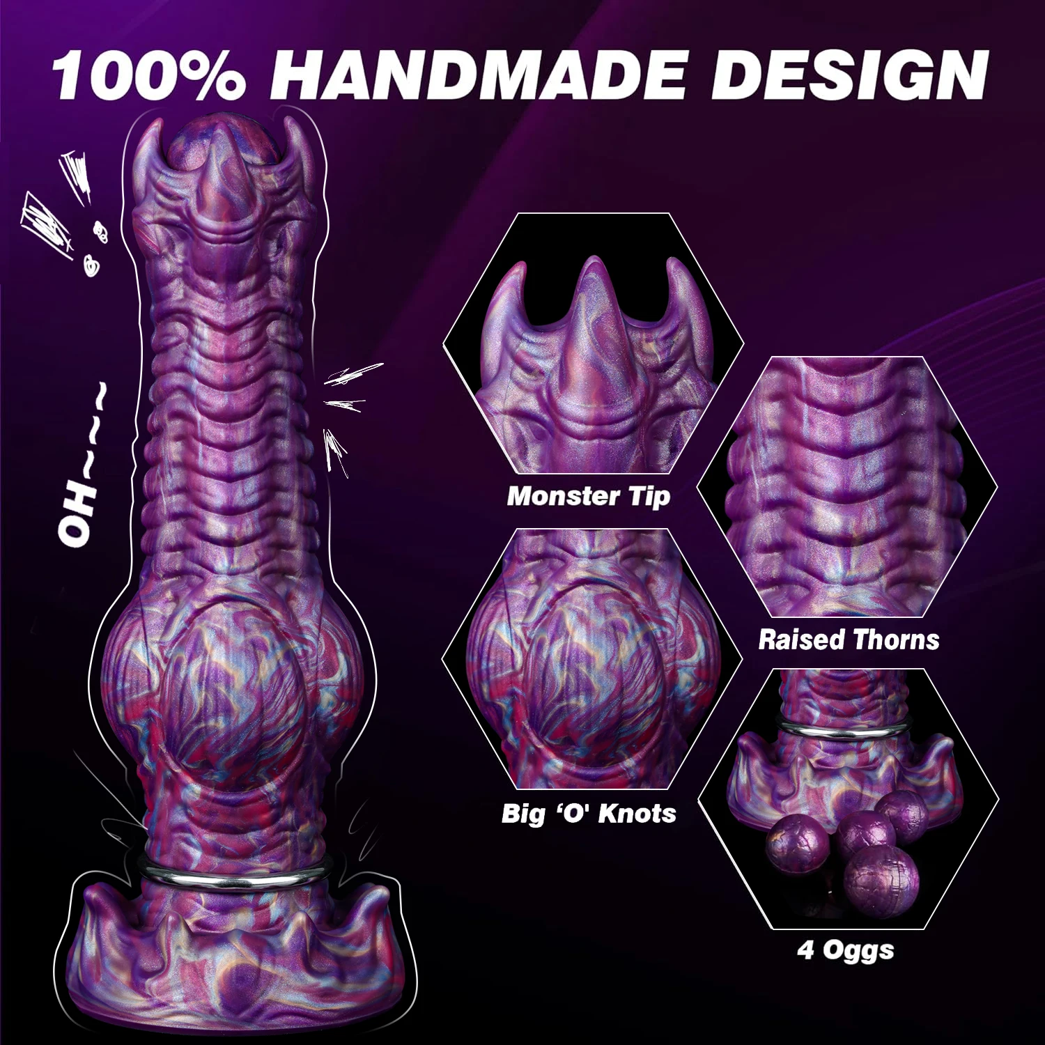 Gode Ovipositeur Monstre Alien 4 Boules 3 Œufs Silicone Souple Étanche Violet