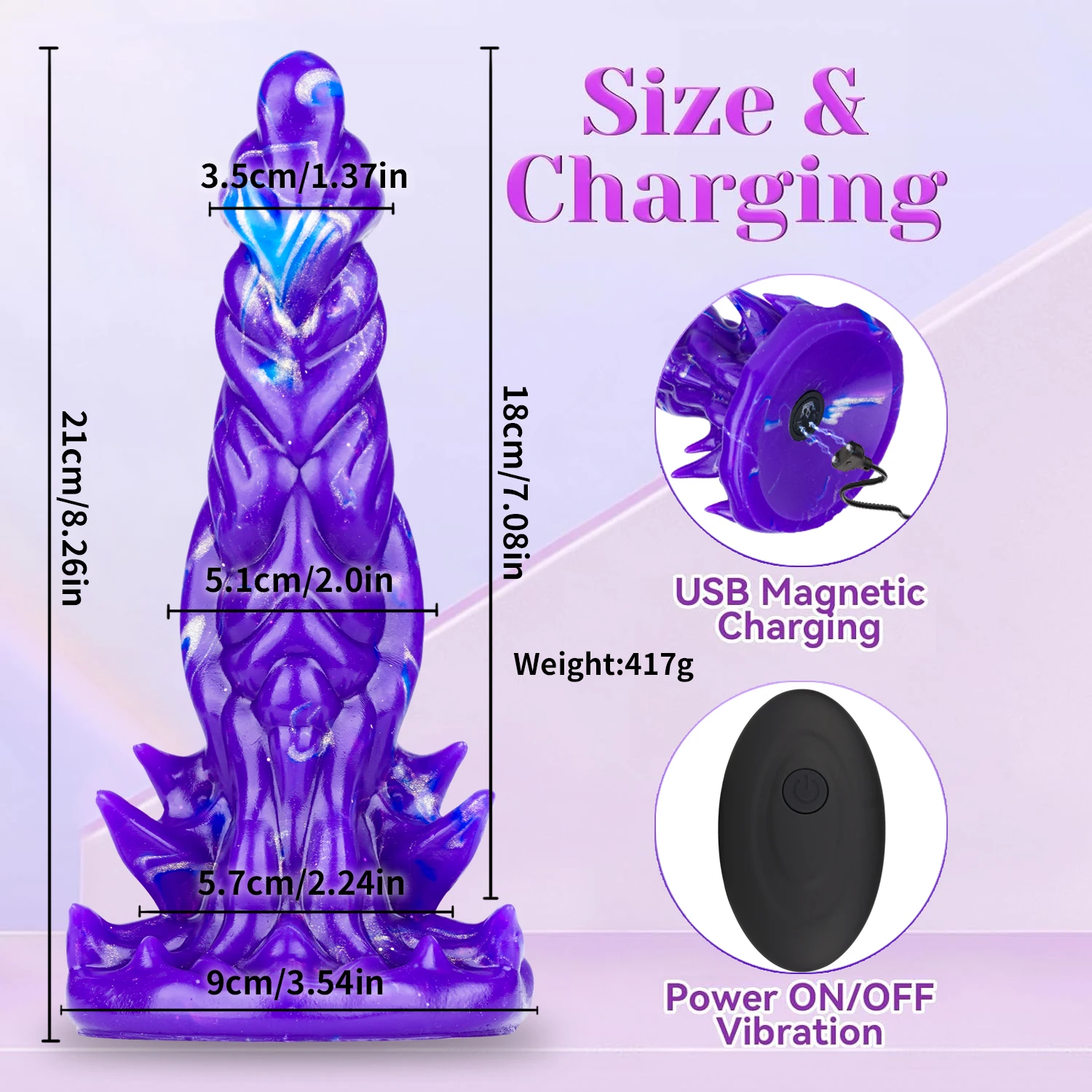 Gode Vibrant Télécommandé 8" Big Knot | 10 Fréquences | Silicone 100% Étanche | Violet