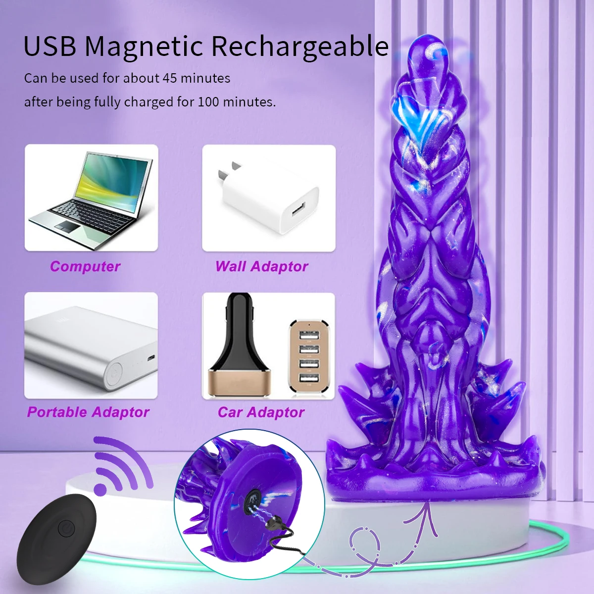 Gode Vibrant Télécommandé 8" Big Knot | 10 Fréquences | Silicone 100% Étanche | Violet