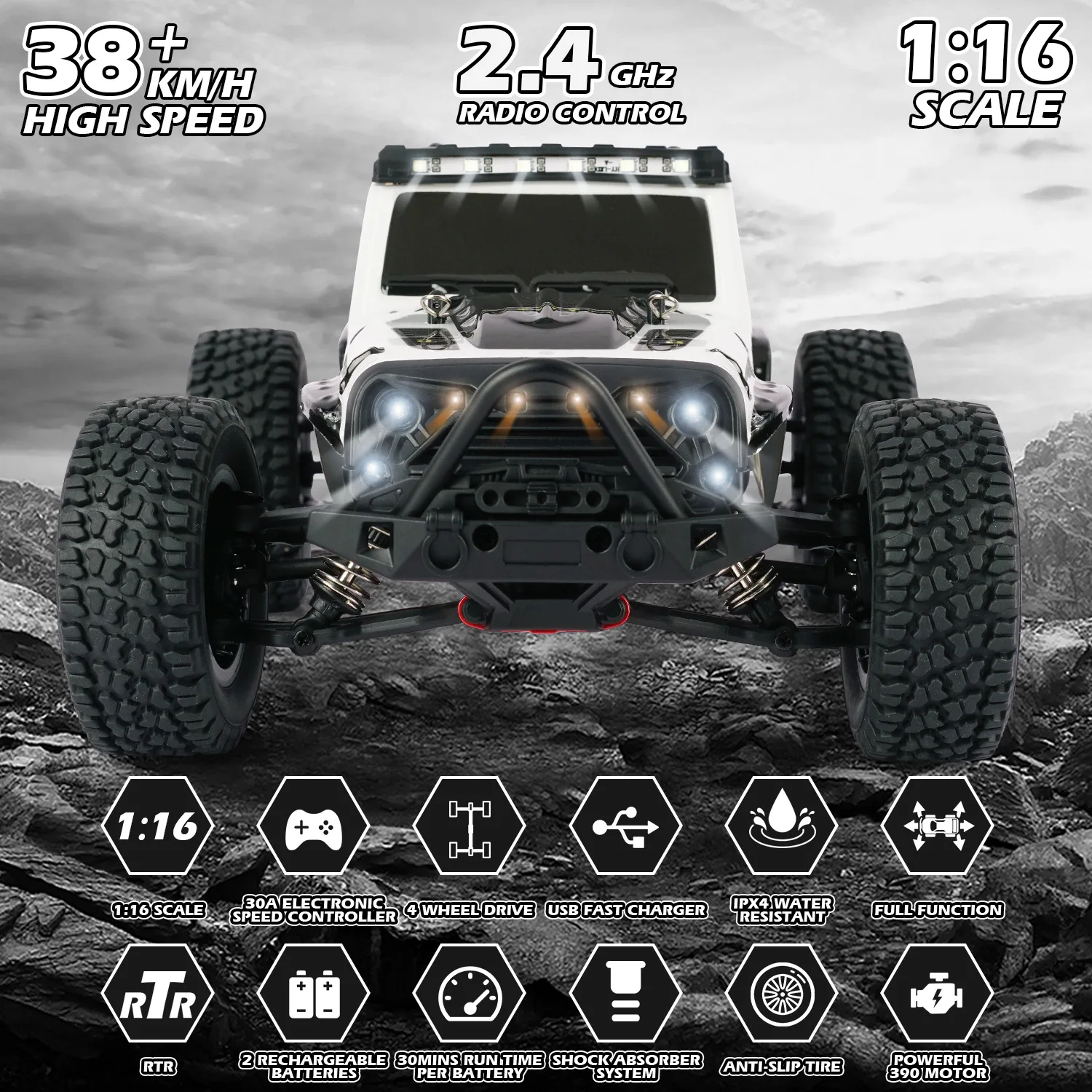 Voiture RC 4x4 Télécommandée 1/16 – Haute Vitesse, Lumières LED, Tout-Terrain