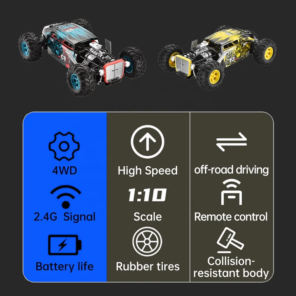 Voiture Télécommandée RC Off-Road 1/10 - 4 Canaux Rechargeable Tout-Terrain