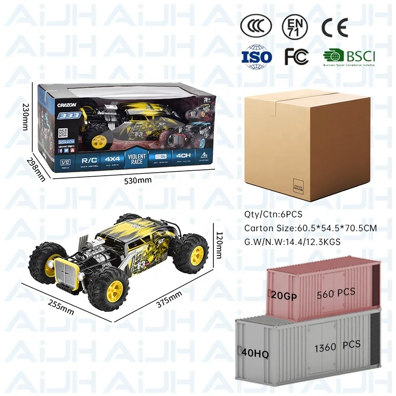 Voiture Télécommandée RC Off-Road 1/10 - 4 Canaux Rechargeable Tout-Terrain