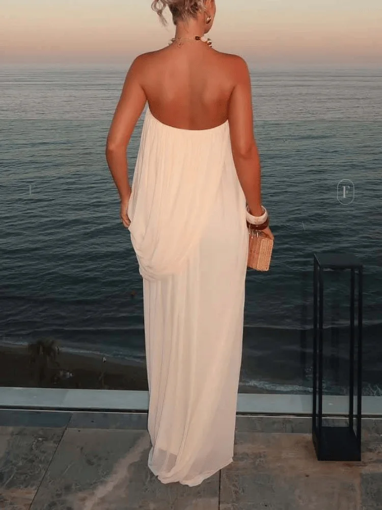 Robe longue tube sans manches dos nu – Style sexy & élégant pour femme (Crème)
