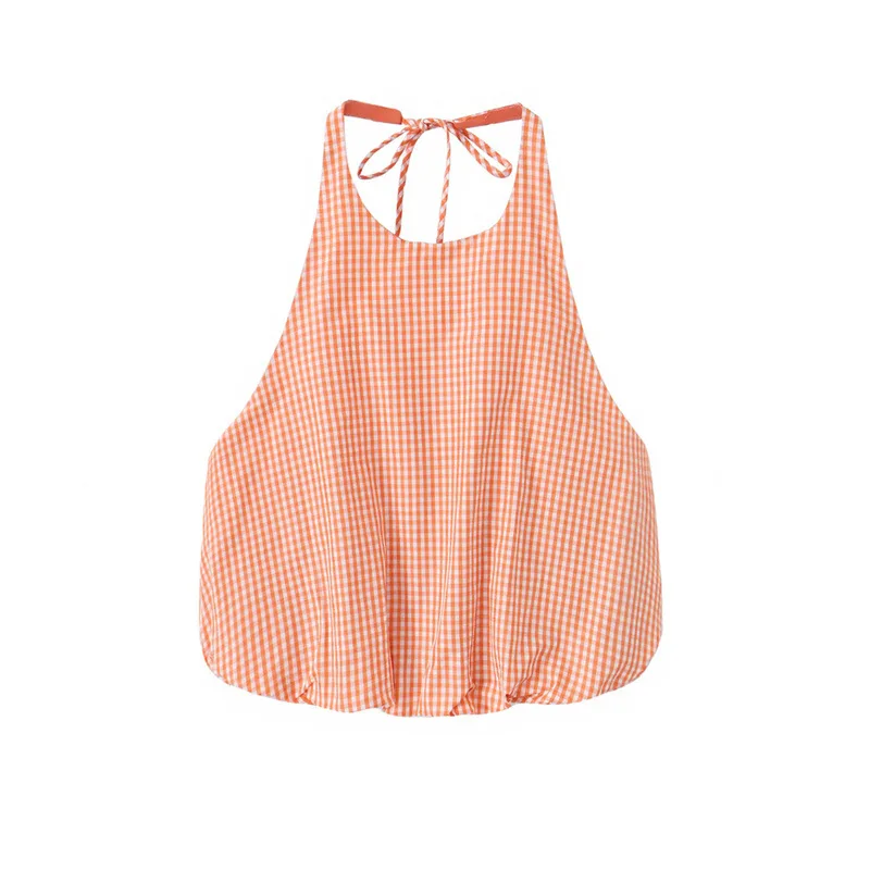 Blouse Femme Sans Manches Col Halter | Imprimé Carreaux | Style Sexy Urbain Été