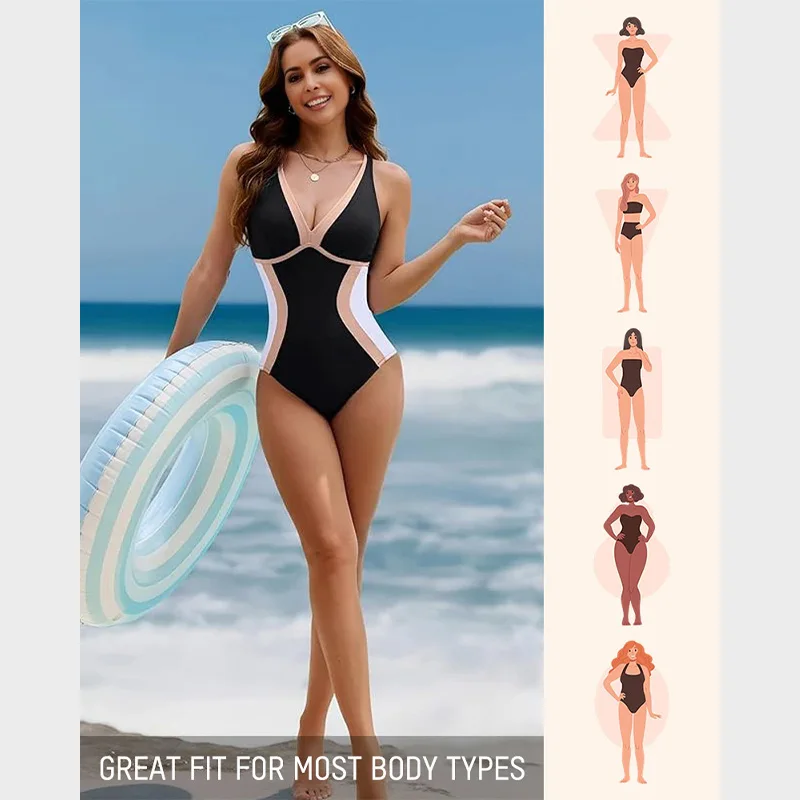 Monokini Color Block Sexy Col V Dos Croisé Effet Ventre Plat – 1 Pièce