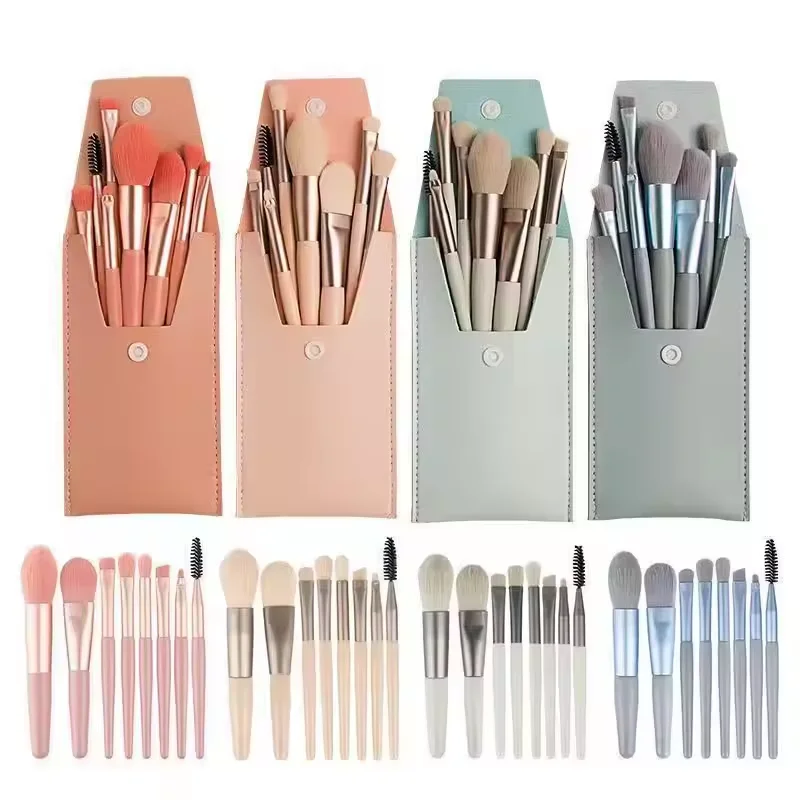 Set 8 Pinceaux Maquillage Professionnels Synthétiques avec Pochette de Voyage