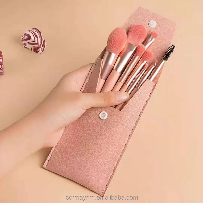 Set 8 Pinceaux Maquillage Professionnels Synthétiques avec Pochette de Voyage
