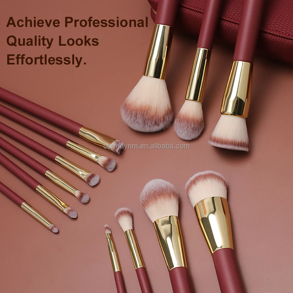 Set 16 Pinceaux Maquillage Professionnels Vegan Rouge Vin + Sac – Poils Synthétiques
