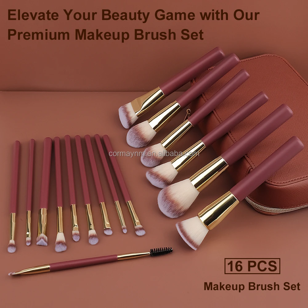 Set 16 Pinceaux Maquillage Professionnels Vegan Rouge Vin + Sac – Poils Synthétiques