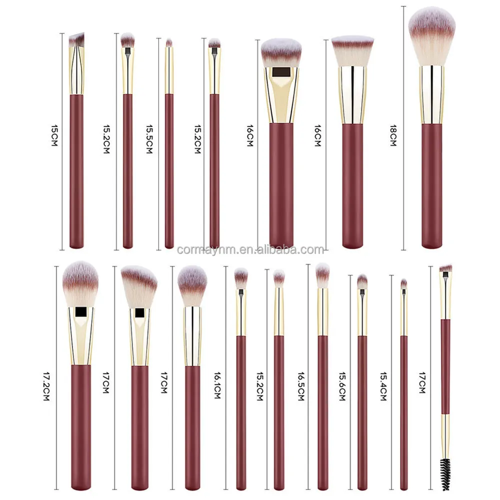 Set 16 Pinceaux Maquillage Professionnels Vegan Rouge Vin + Sac – Poils Synthétiques