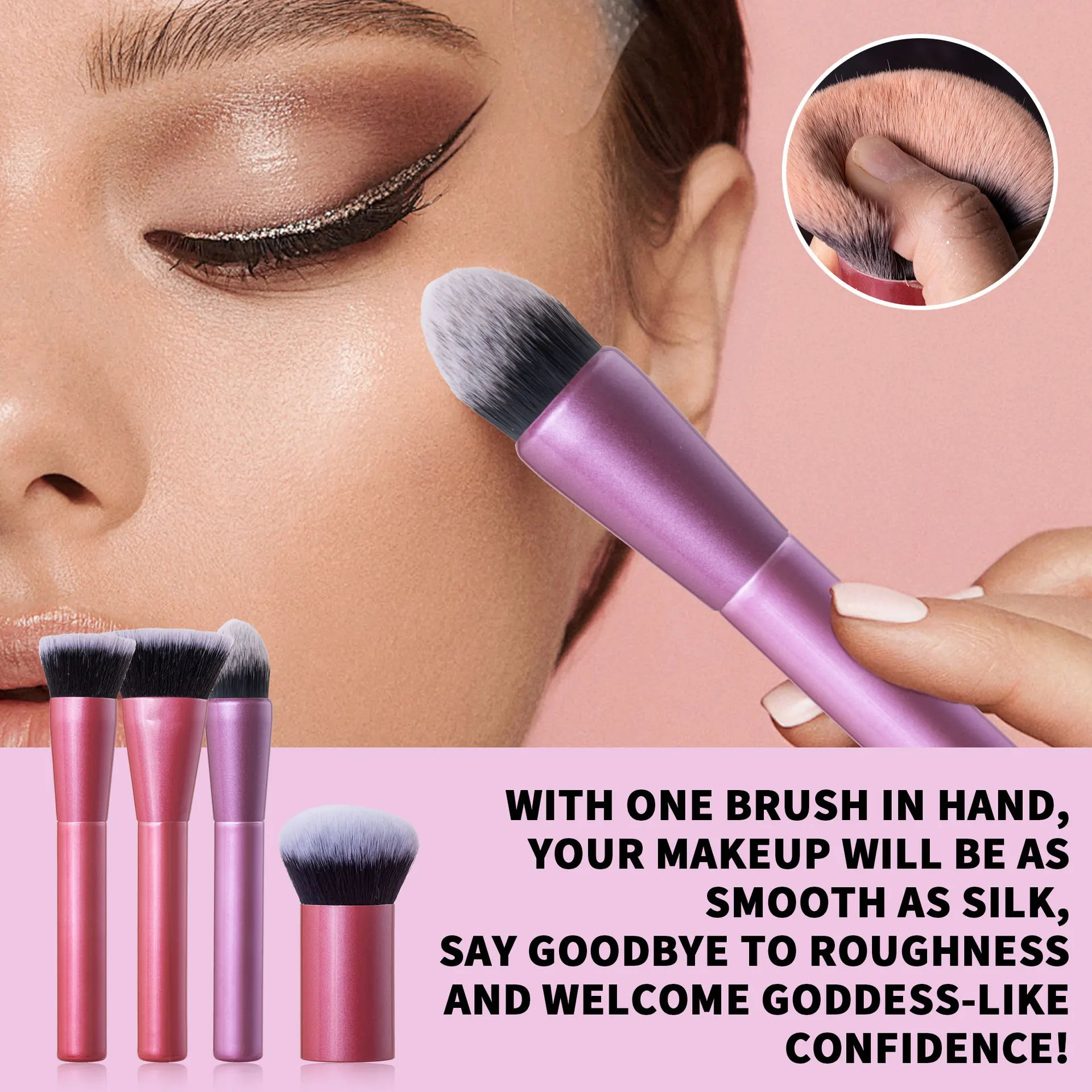 Ensemble 4 Pinceaux de Maquillage Multicolores – Contour, Blush & Poudre