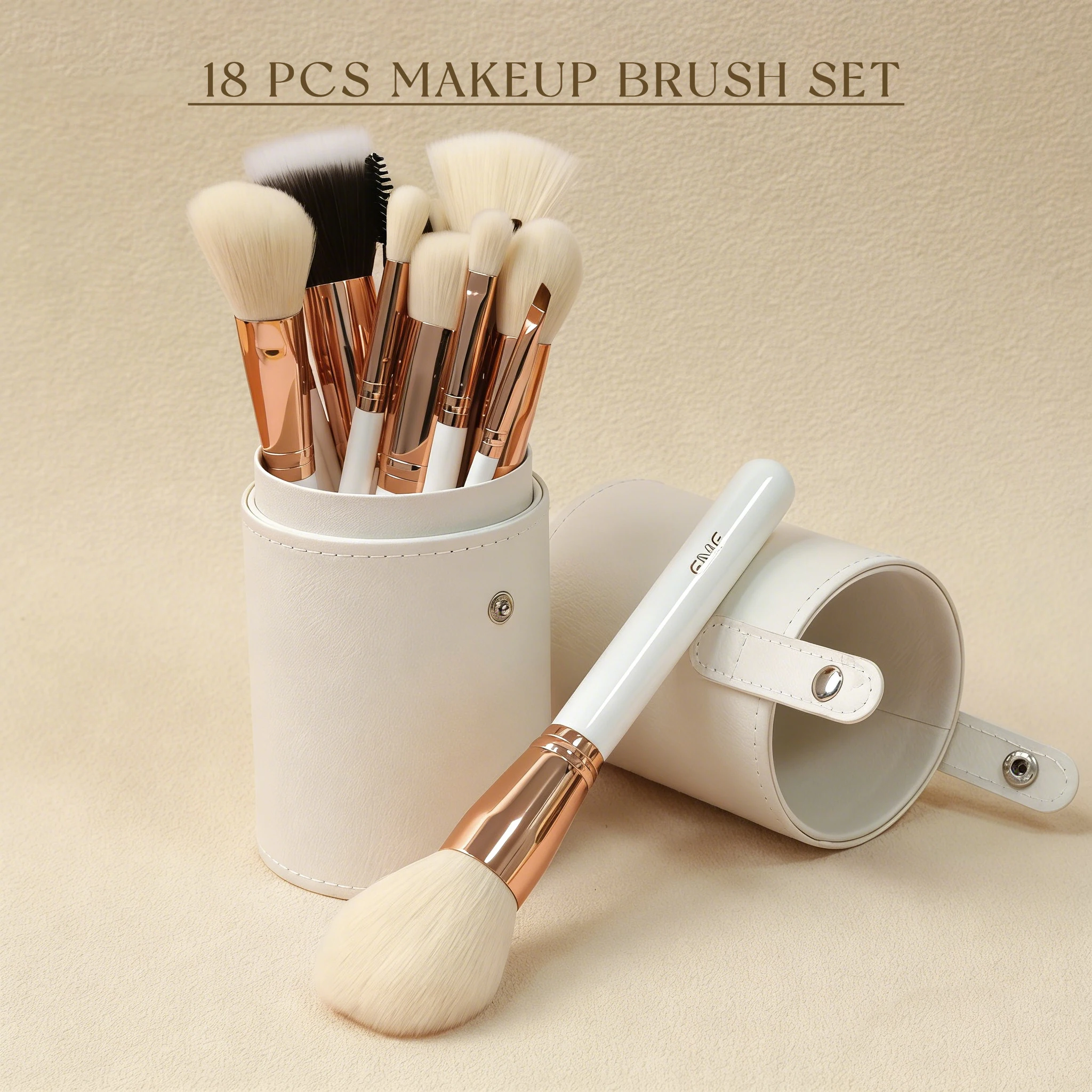 EMF Rose – Set 18 Pinceaux Maquillage Professionnels Manche Bois Ivoire & Virole Or Rose