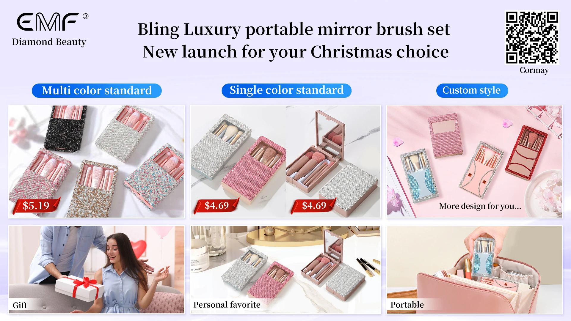 Coffret 5 Pinceaux Maquillage Diamant Brillant avec Miroir – Brosse Glitter Luxe