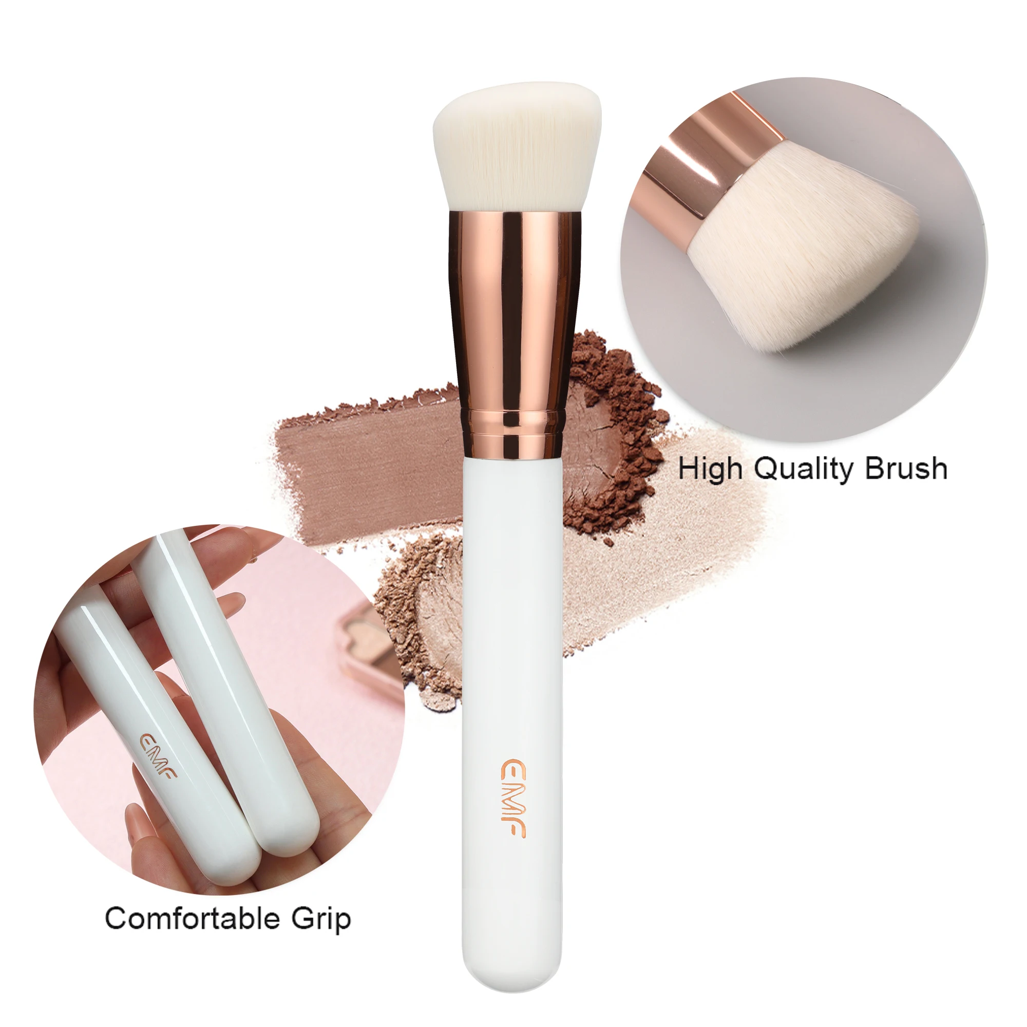 Pinceau Fond de Teint EMF Rose Doré – Manche Bois Ivoire, Poils Synthétiques Doux