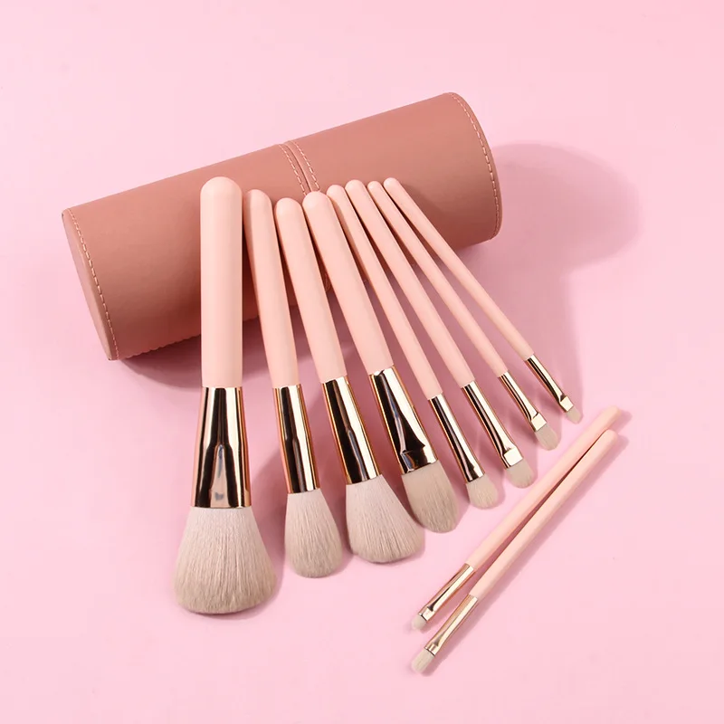 Set 10 Pinceaux Maquillage Rose Poils Synthétiques - Professionnel Visage & Yeux