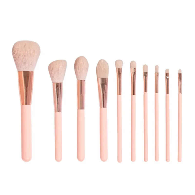 Set 10 Pinceaux Maquillage Rose Poils Synthétiques - Professionnel Visage & Yeux