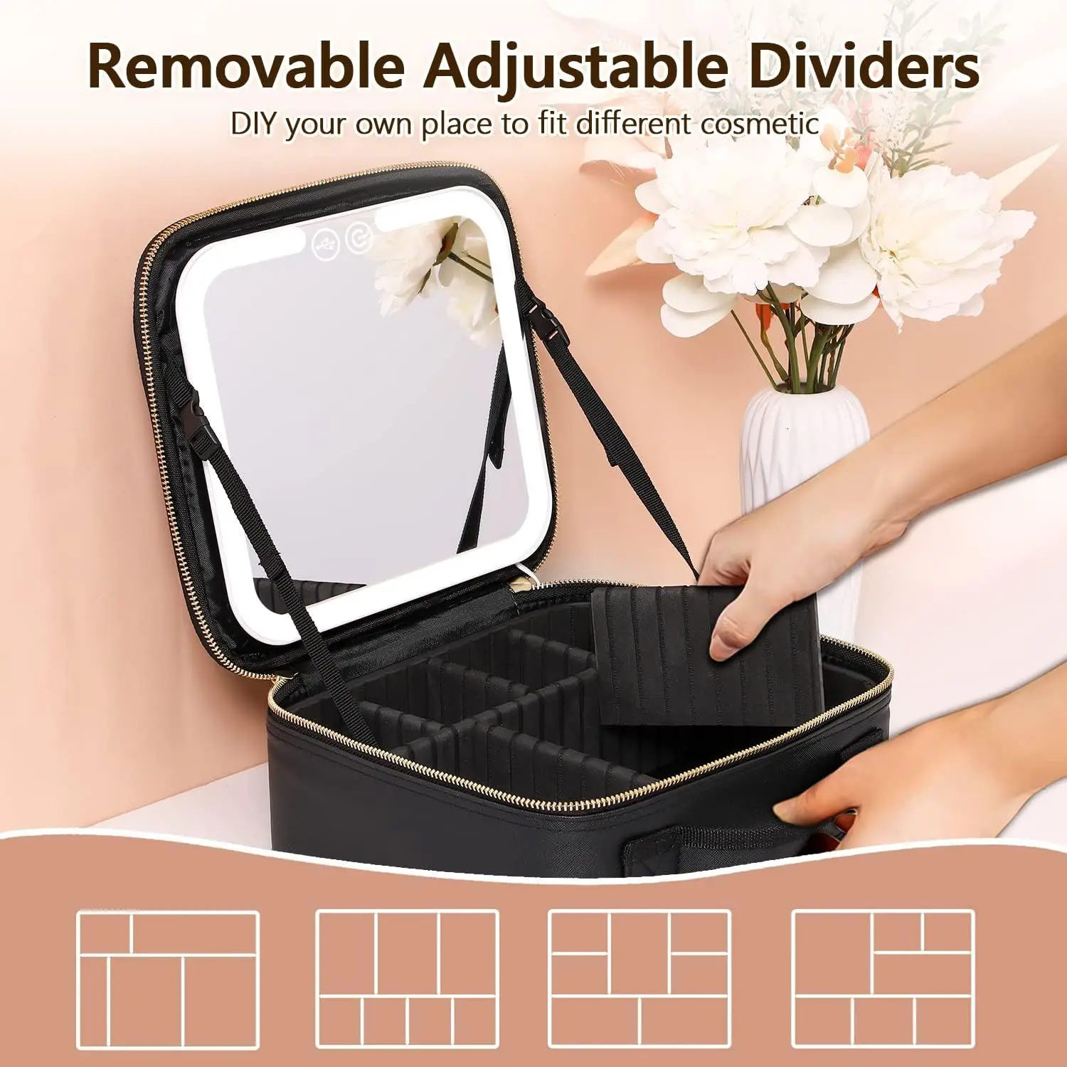 Sac Organisateur Maquillage Grande Capacité avec Miroir LED & Compartiments Réglables