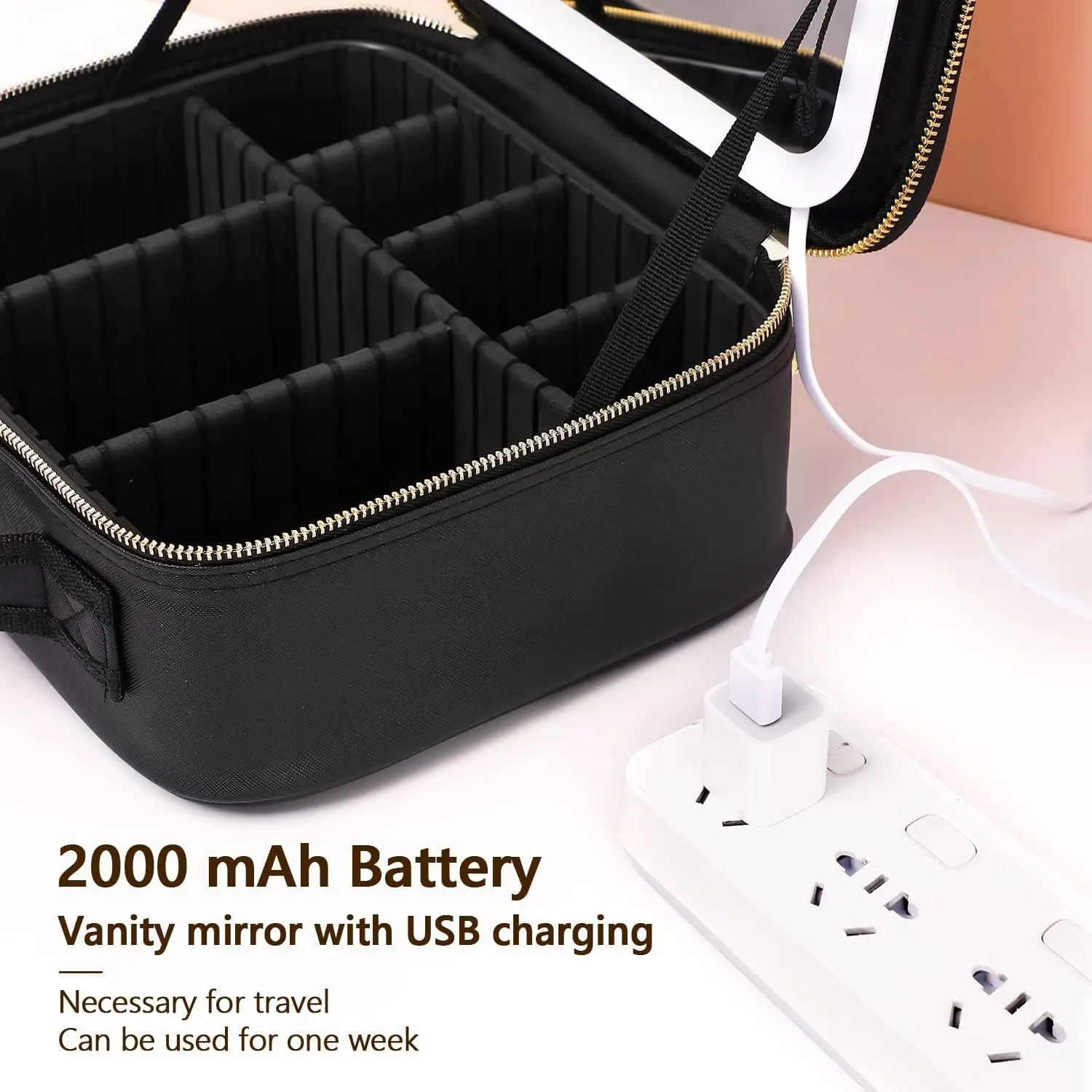 Sac Organisateur Maquillage Grande Capacité avec Miroir LED & Compartiments Réglables