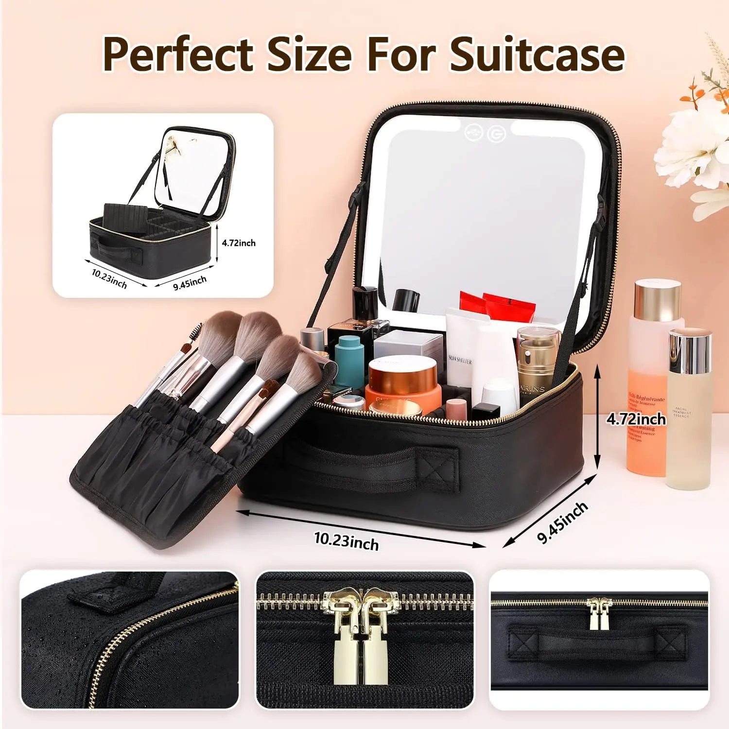 Sac Organisateur Maquillage Grande Capacité avec Miroir LED & Compartiments Réglables