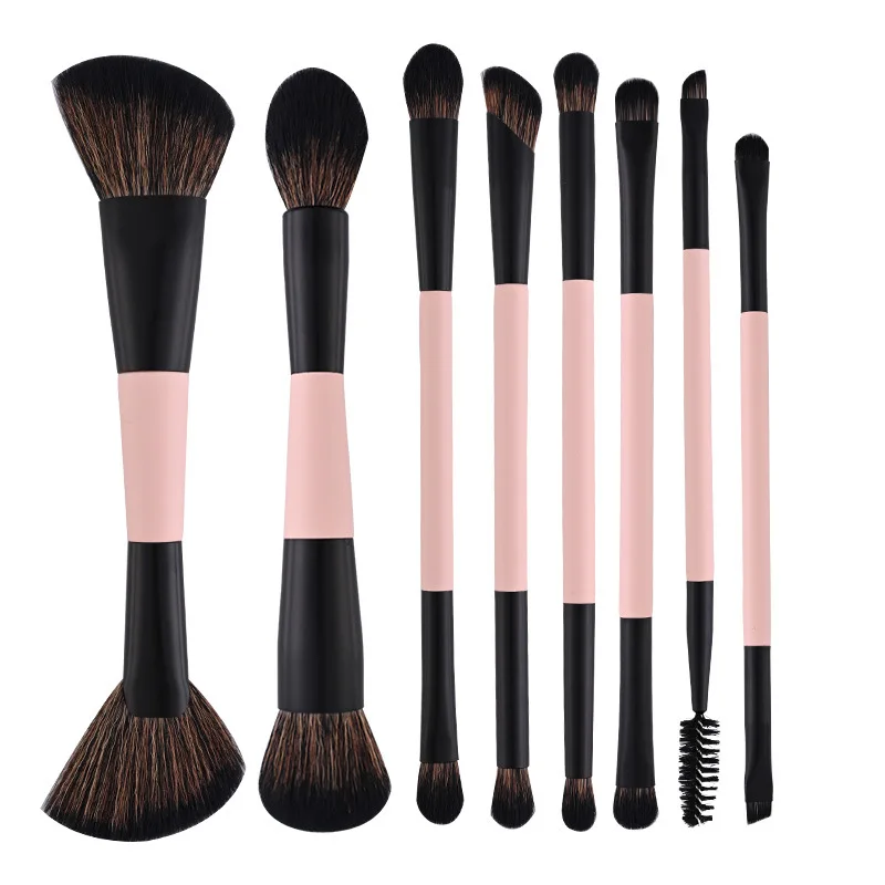 Set 8 Pinceaux Maquillage Double Embout Professionnels – Fibres Ultra-Douces, Manche en Bois