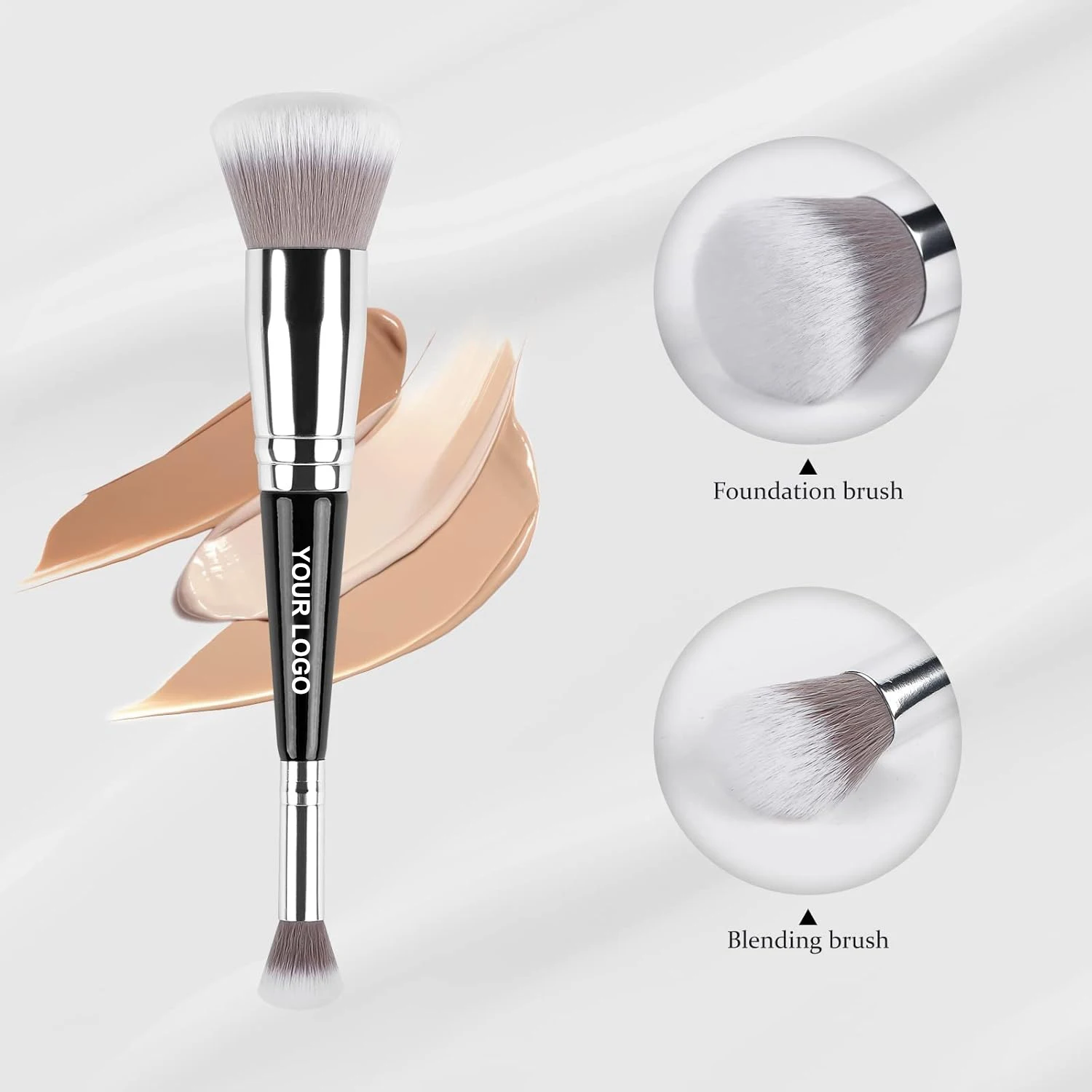 Pinceau Maquillage Double Embout Professionnel – Fond de Teint & Estompeur, Manche Bois Noir