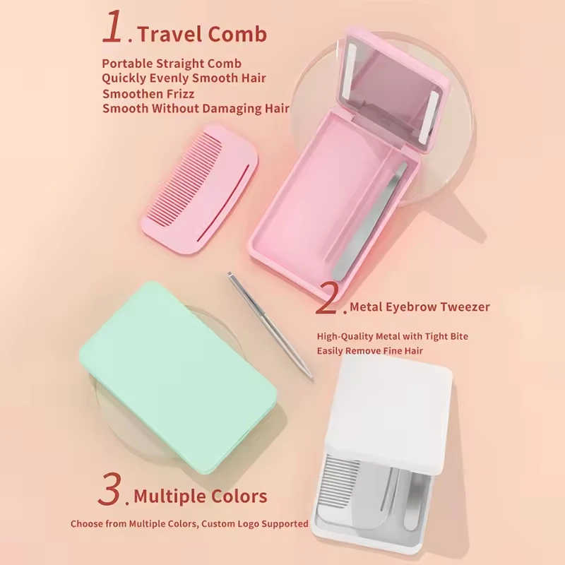 Miroir LED Pliant avec Peigne & Pince à Épiler – Rechargeable USB, 4 Couleurs