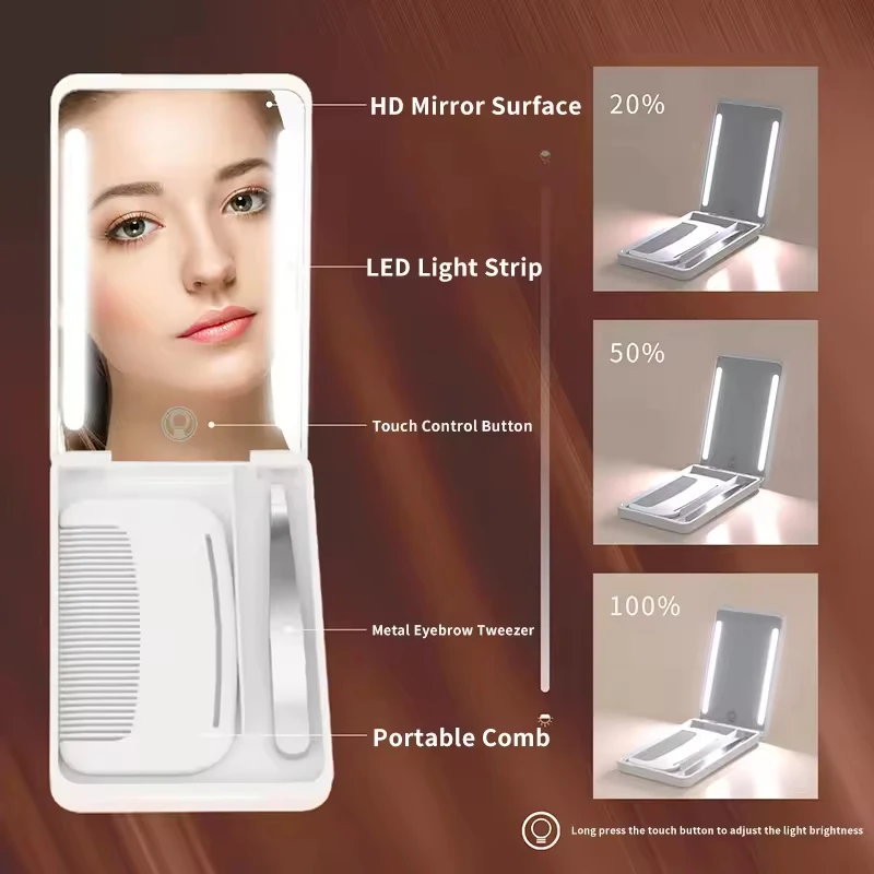 Miroir LED Pliant avec Peigne & Pince à Épiler – Rechargeable USB, 4 Couleurs