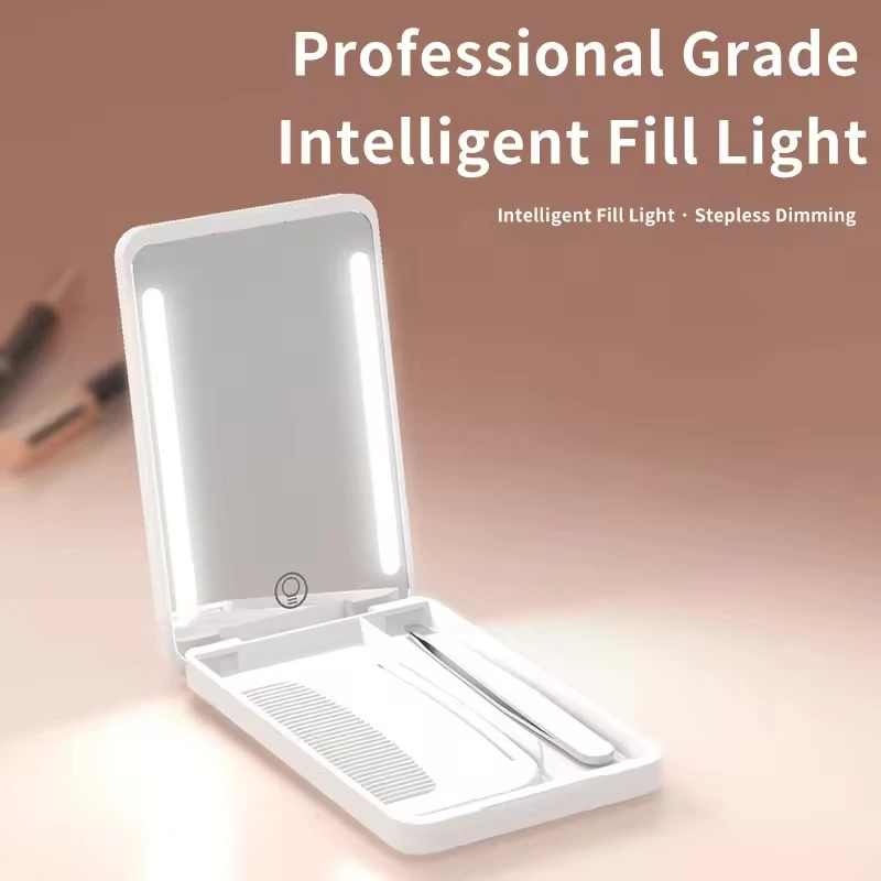 Miroir LED Pliant avec Peigne & Pince à Épiler – Rechargeable USB, 4 Couleurs