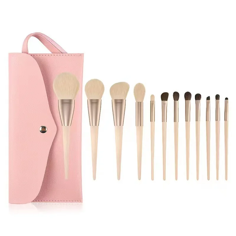 Set 12 Pinceaux Maquillage Professionnels Végétaliens – Manche en Bois Rose | Prix2Gros