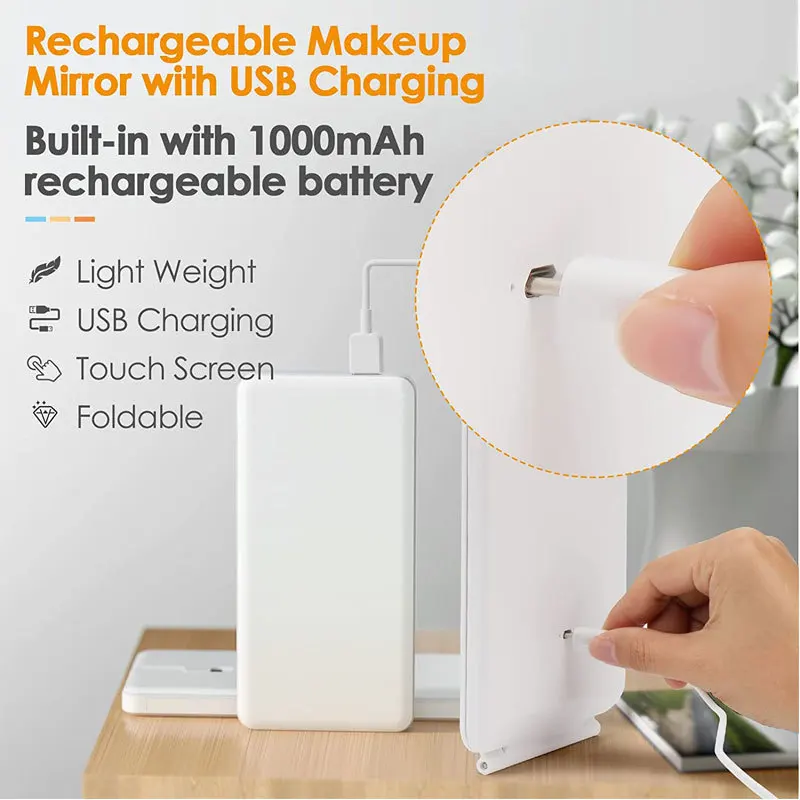Miroir de Maquillage LED Rechargeable avec Éclairage – Pliable & Ultra Mince