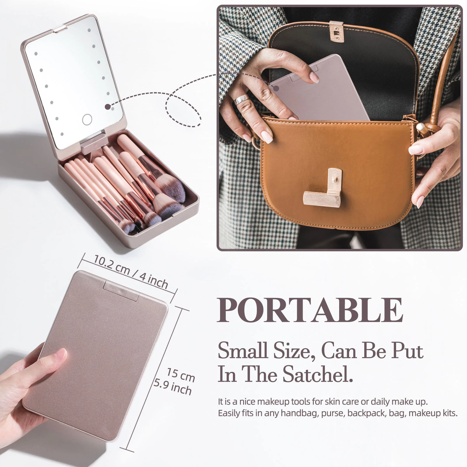 Set 14 Pinceaux Maquillage Professionnel + Miroir LED | Étui Portable | Poils Synthétiques Doux