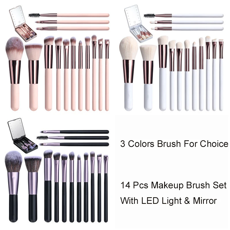 Set 14 Pinceaux Maquillage Professionnel + Miroir LED | Étui Portable | Poils Synthétiques Doux