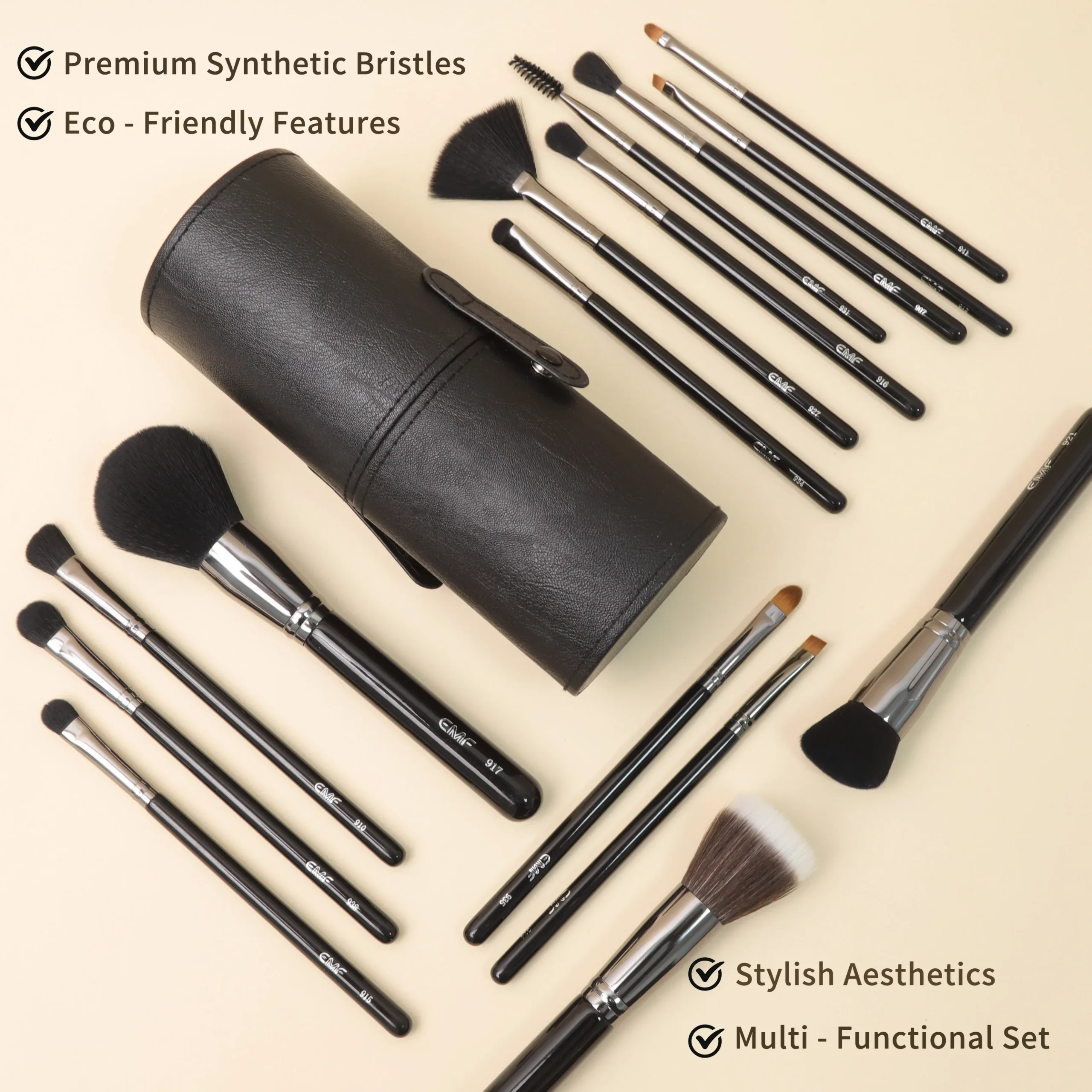 Set 15 Pinceaux Maquillage Professionnels – Manche Bois Noir & Étui Inclus