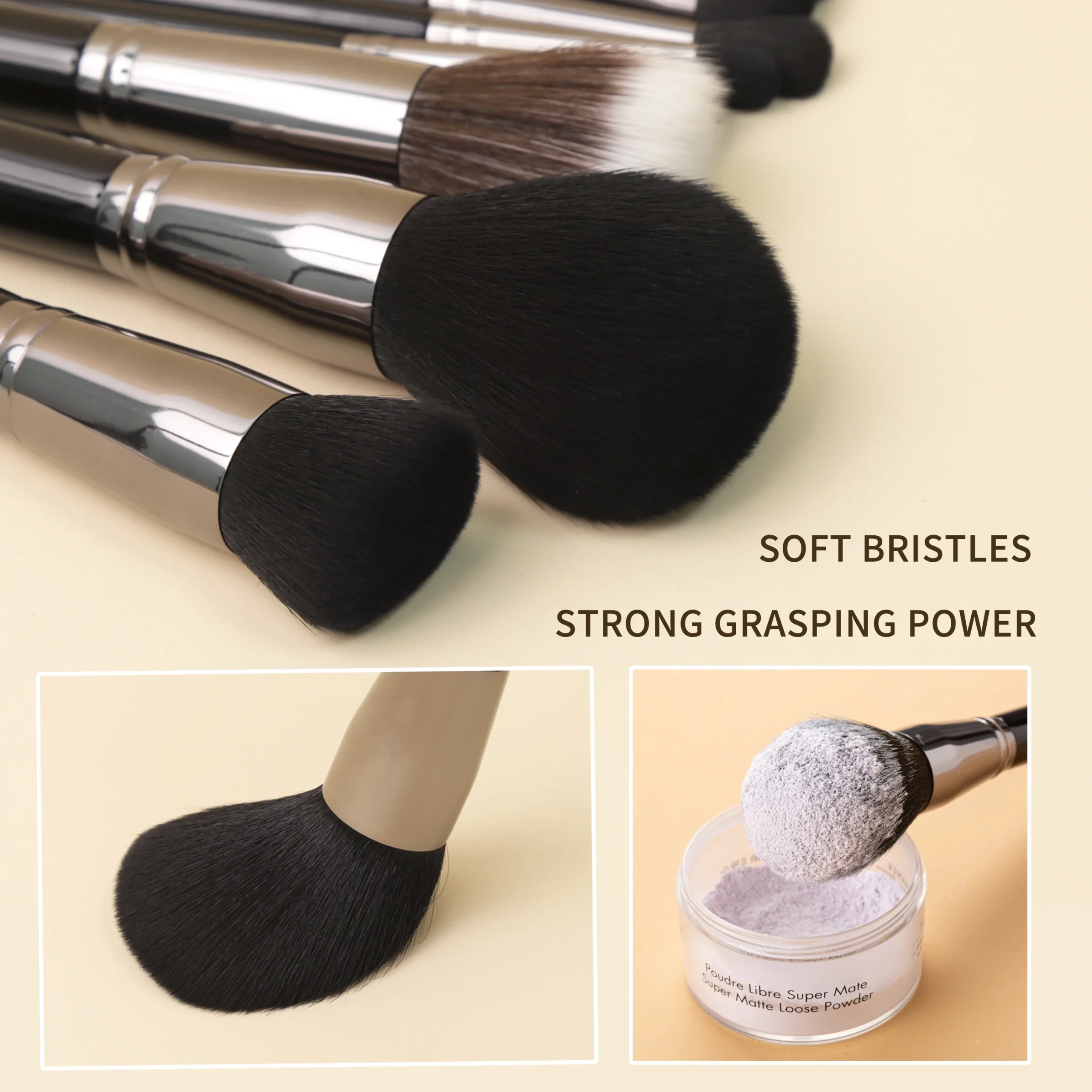 Set 15 Pinceaux Maquillage Professionnels – Manche Bois Noir & Étui Inclus