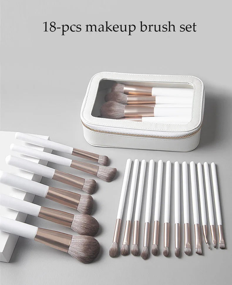 Coffret 18 Pinceaux Maquillage Professionnel Ultra-Doux à Séchage Rapide – Poils Synthétiques Blancs