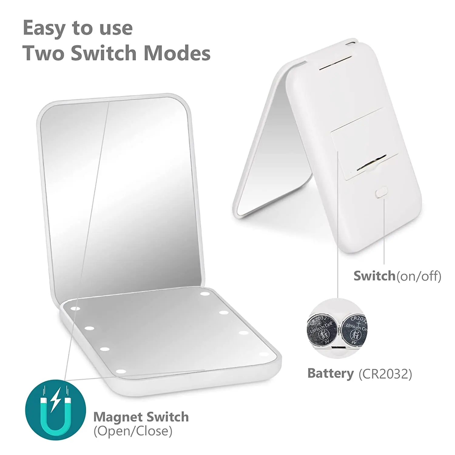 Miroir de poche LED grossissant 2X pliable | Éclairé & compact