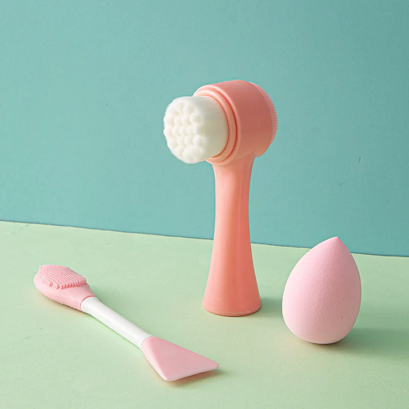 Set Brosse & Éponge Maquillage en Silicone Double Tête – Nettoyage Visage Facile