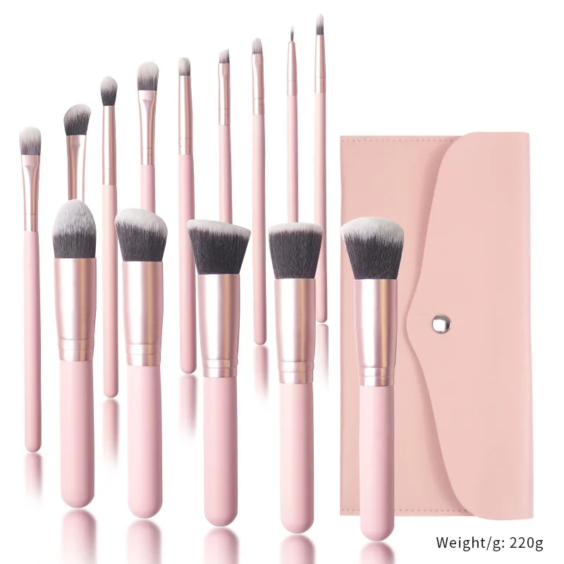Ensemble 14 Pinceaux de Maquillage Professionnels Fibres Synthétiques Douces – Rose