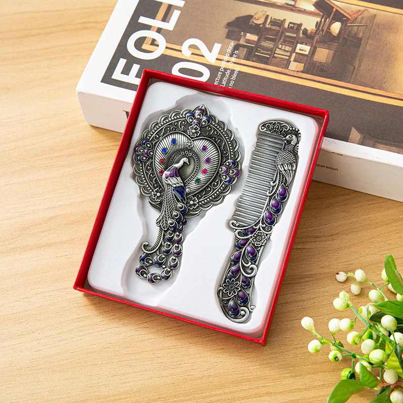 Ensemble Miroir de Maquillage & Peigne en Métal – Motifs Vintage Sculptés | Luxe