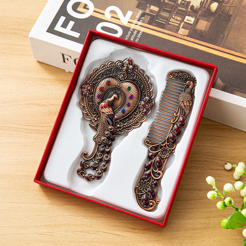 Ensemble Miroir de Maquillage & Peigne en Métal – Motifs Vintage Sculptés | Luxe